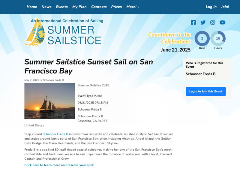 Freda B will be taking guests sailing out of Sausalito for a sunset sail.