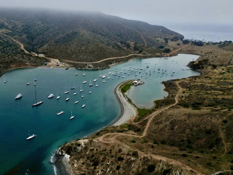 The sky high view of Cat Harbor on the Western side of Catalina Island.