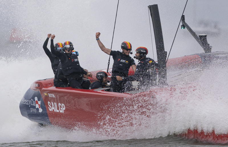 Spain SailGP Team helmed by Diego Botin celebrate as they cross the finish line to win the Mubadala New York Sail Grand Prix in New York, USA. Sunday 8 June 2025. Rolex SailGP Championship Event 6 Season 2025. Photo: Samo Vidic for SailGP. Handout image supplied by SailGP
