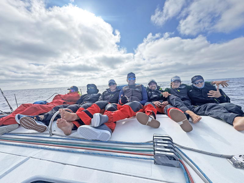The crew enjoying the warming ride aboard Mike Sudo's Beneteau First 47.7 Macondo.