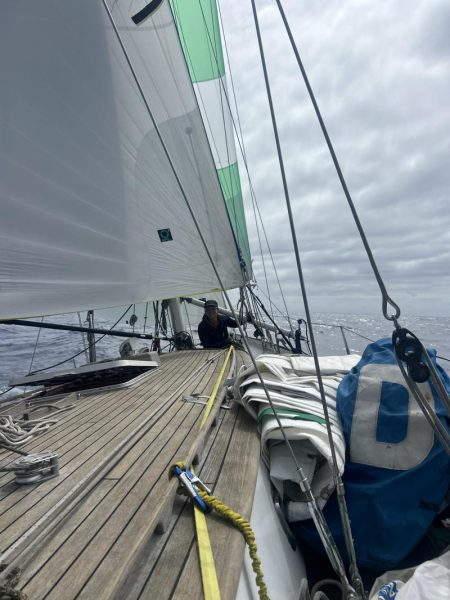 Cindy Evans on foredeck aboard Sir Edmund