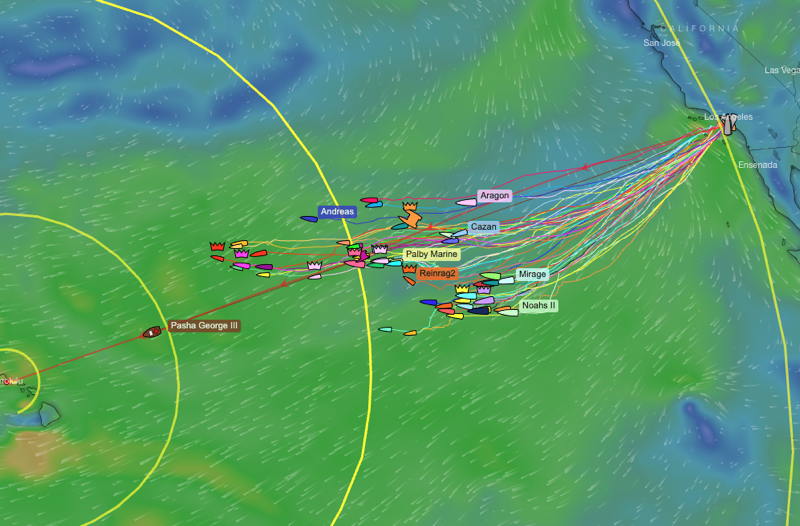 The Tuesday evening snapshot of an evolving fleet and wind pattern.