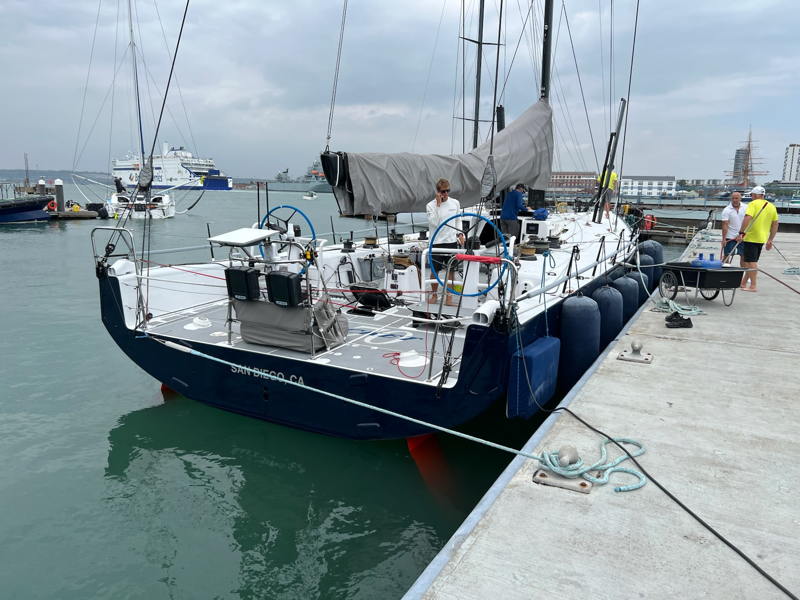 Roy Disney's Pyewacket at the dock in England getting ready for the 2025 Fastnet Race