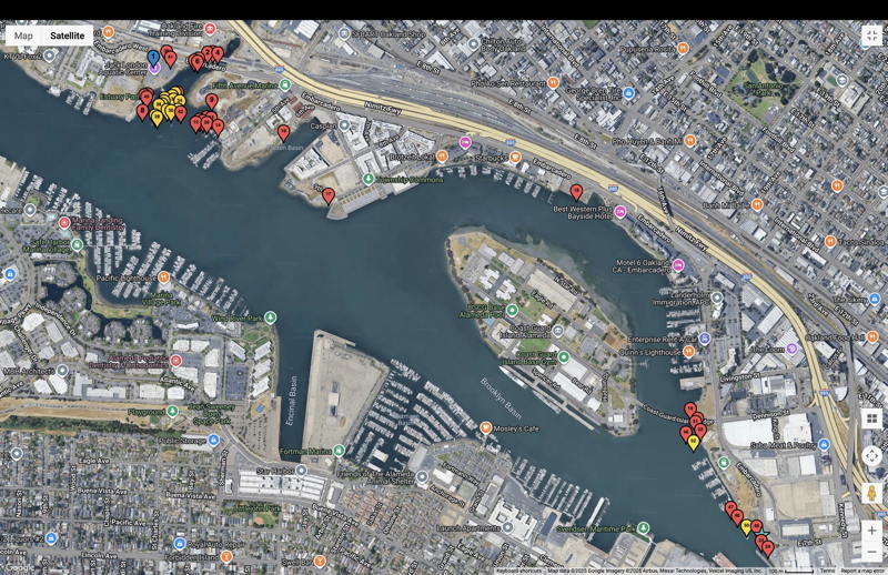 This map of information collected by community volunteers shows sunken boats in red and illegally anchored boats in yellow.