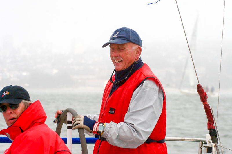 Don Trask at the helm of a J/105 on San Francisco Bay.