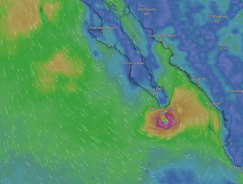 That's Tropical Storm Raymond off of Cabo early tomorrow morning and a dissipated Hurricane Priscilla off of Turtle Bay.