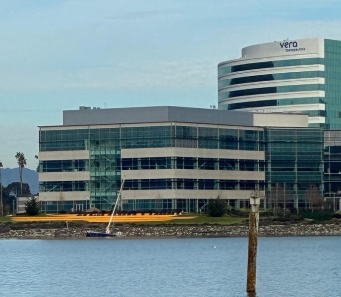 The sunken boat is nestled up against the office towers.