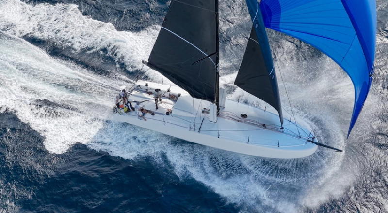 A view of why the decks are notably drier with a scow bow.