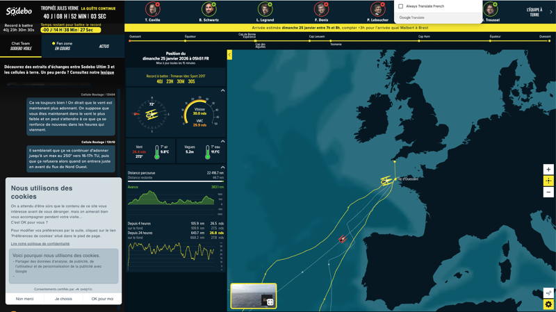 This chart shows Sodebo about to cross the line and the relative position of the Joyon's record run in the red boat behind. 