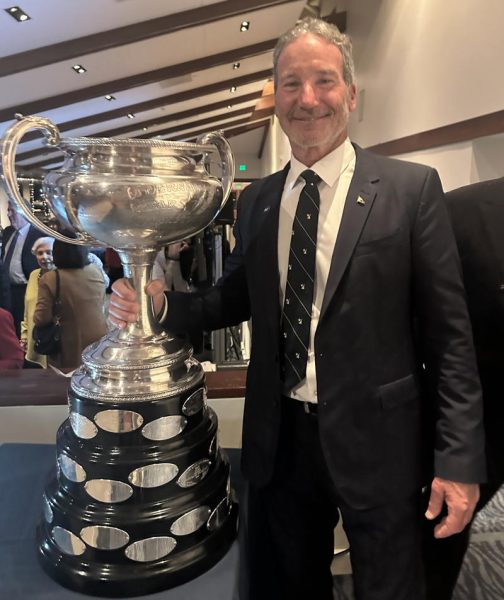 Paul Cayard with the Star 2025 Worlds trophy at the recent St. Francis celebration for his victory.