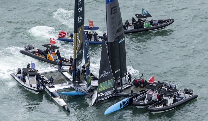 Aftermath of Black Foils SailGP Team helmed by Peter Burling and DS Automobiles SailGP Team France helmed by Quentin Delapierre colliding in Race 3, on Race Day 1 of the ITM New Zealand Sail Grand Prix in Auckland, New Zealand. Saturday 14 February 2026. Rolex SailGP Championship Event 2 2026 Season. Photo: Simon Bruty for SailGP. Handout image supplied by SailGP