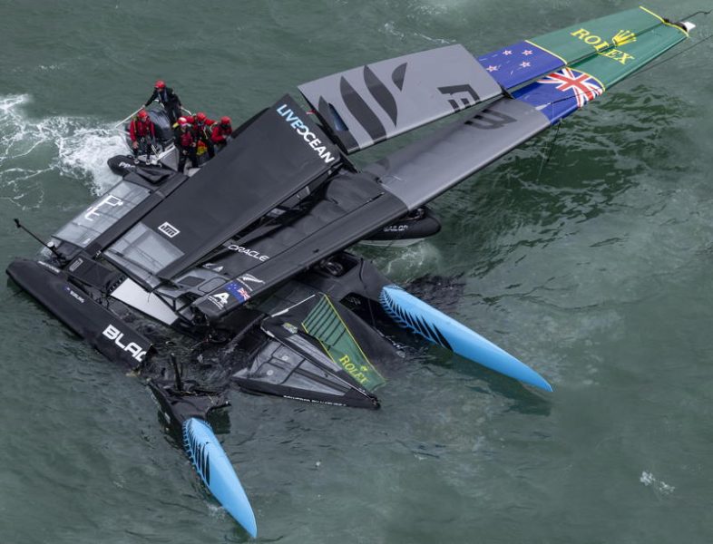 Black Foils SailGP Team helmed by Peter Burling and DS Automobiles SailGP Team France helmed by Quentin Delapierre collide during Race 3, on Race Day 1 of the ITM New Zealand Sail Grand Prix in Auckland, New Zealand. Saturday 14 February 2026. Rolex SailGP Championship Event 2 2026 Season. Photo: Simon Bruty for SailGP. Handout image supplied by SailGP