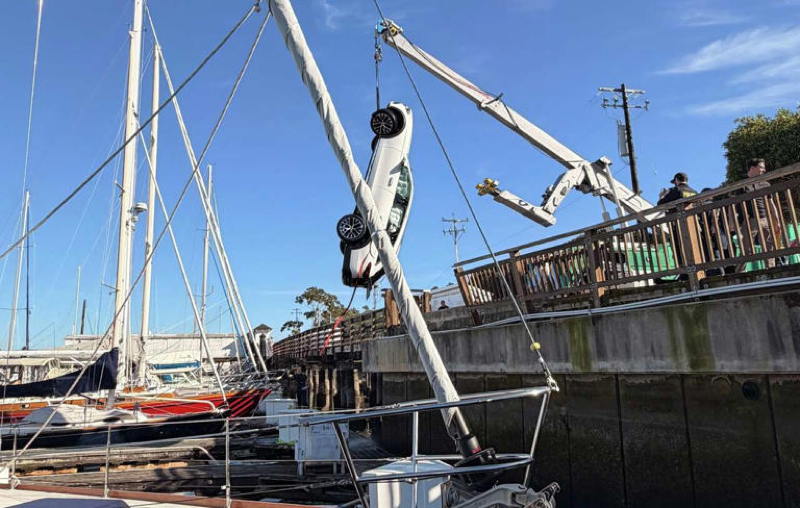 The car being retrieved from Sausalito Yacht Harbor.