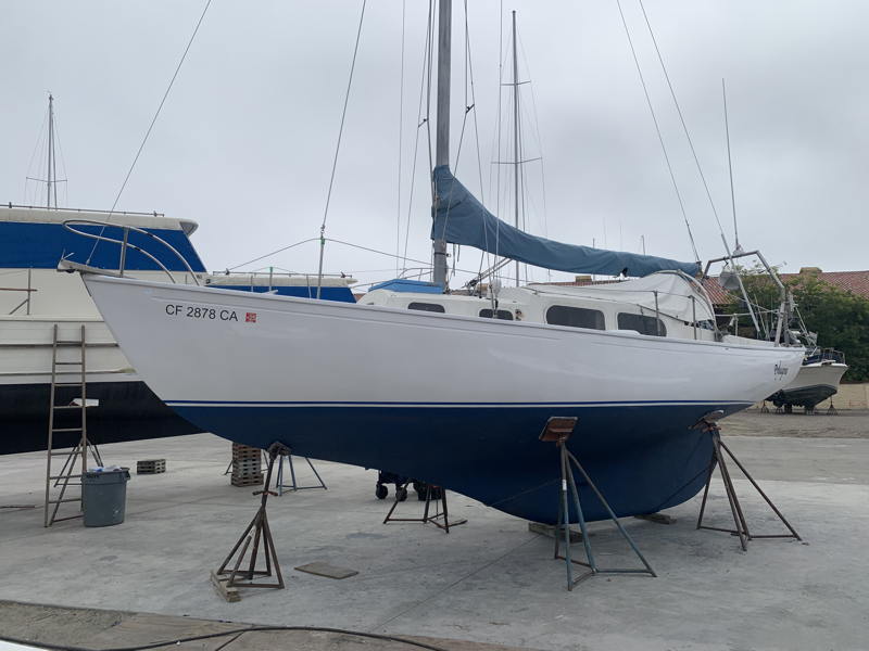 Pythagorus on the hard and looking good with fresh bottom paint and recently refinished topsides.