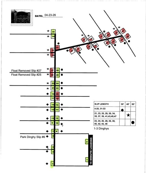 Attached is a current diagram of the Ayala Cove docks displaying our open (green) and closed (red) slips and the length restrictions.