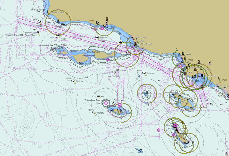 A chart of the Channel Islands with Santa Rosa Island about 25 miles off the coast from Santa Barbara.