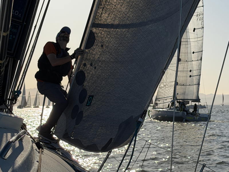 Foredeck, Brandon Mercer checking the jib ahead of the start. 