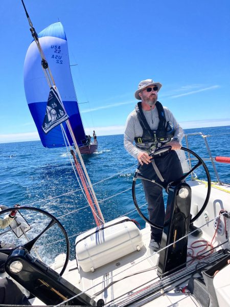 Nick Grebe on Wildcard finishes 23 seconds before John Aren’s Reverie for monohull line honors, but corrects out to second place. Photo by Brandon Mercer.