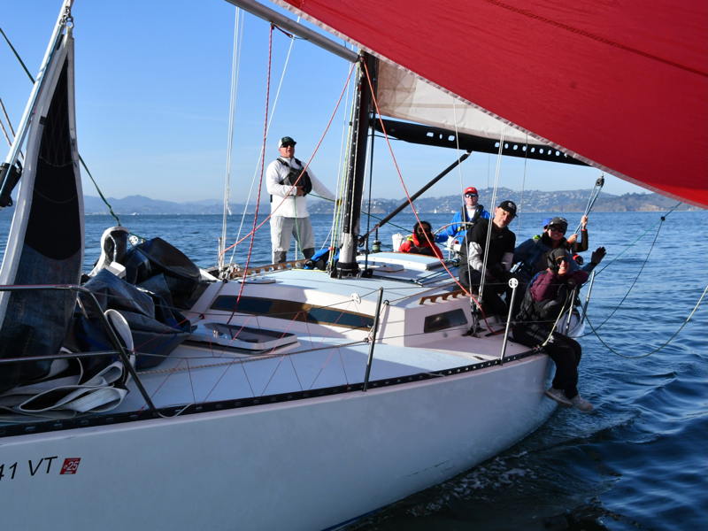 Ros de Vries and crew aboard the Santa Cruz 40 Quiver in the CYC Midwinters.