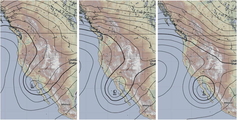 GFS 500mb geopotential height, 48-hour progression. Left: a deep trough digging southward off the California coast, still connected to the jet stream. Center: the trough extending further, the connection thinning. Right: the cutoff complete — a closed low spinning on its own, detached from the jet, parked offshore Southern California.