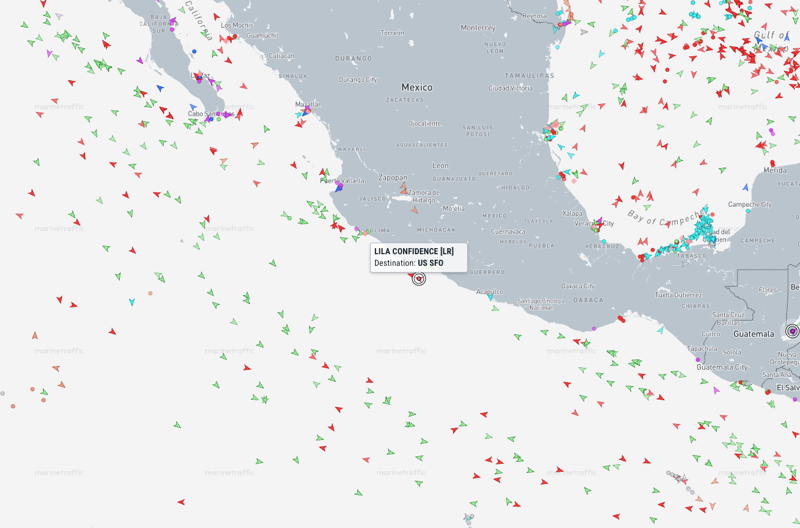 The oil/chemical tanker Lila Confidence is going north inshore of the second largest recorded in the Eastern Pacific.