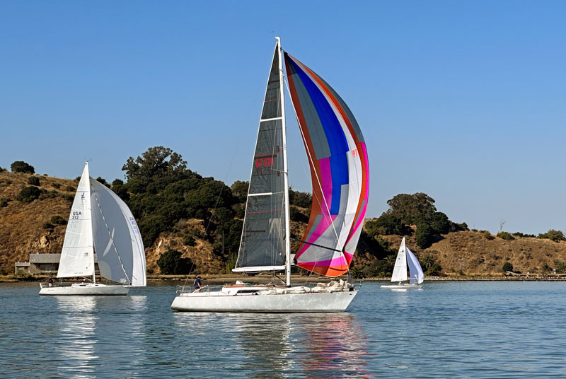Colorful spinnaker with island in the background