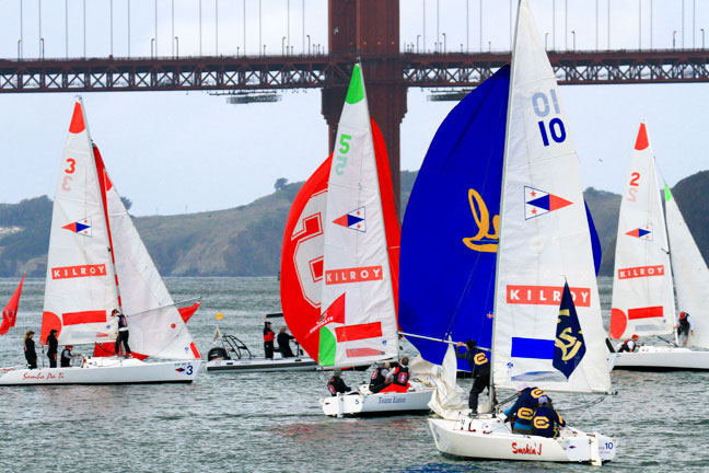 Cal and Stanford racing J/22s east of the Golden Gate Bridge.