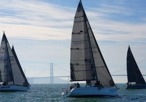 Boats race upwind at Corinthian Yacht Club Midwinters.