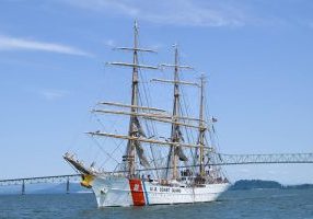 The U.S. Coast Guard Cutter Eagle (WIX-327) sails past the Astoria-Megler Bridge during its departure from Astoria, Oregon, June 16, 2025. Known as “America’s Tall Ship,” Eagle serves as a training platform for cadets and officer candidates and is one of only two commissioned sailing vessels in the U.S. military.