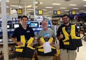 Picking up the life jackets at West Marine.
