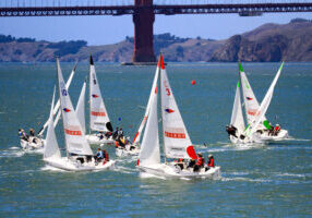 J/22s racing with the Golden Gate Bridge in the background