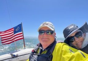 Christian Kramer aboard his Alerion 28. He won the 2025 Ruth Wosser Trophy for most regatta days throughout the year with 58. 