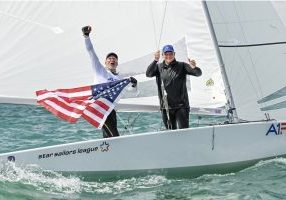 A jubilant Paul Cayard and Frithjof Kleen after winning the 99th Bacardi Cup. 