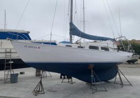 Pythagorus on the hard and looking good with fresh bottom paint and recently refinished topsides.