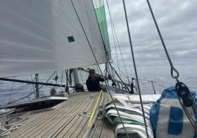 Cindy Evans on foredeck aboard Sir Edmund
