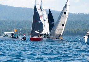 One second before the start of one of the races of the 2025 Trans Tahoe Regatta.