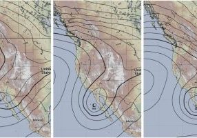 GFS 500mb geopotential height, 48-hour progression. Left: a deep trough digging southward off the California coast, still connected to the jet stream. Center: the trough extending further, the connection thinning. Right: the cutoff complete — a closed low spinning on its own, detached from the jet, parked offshore Southern California.